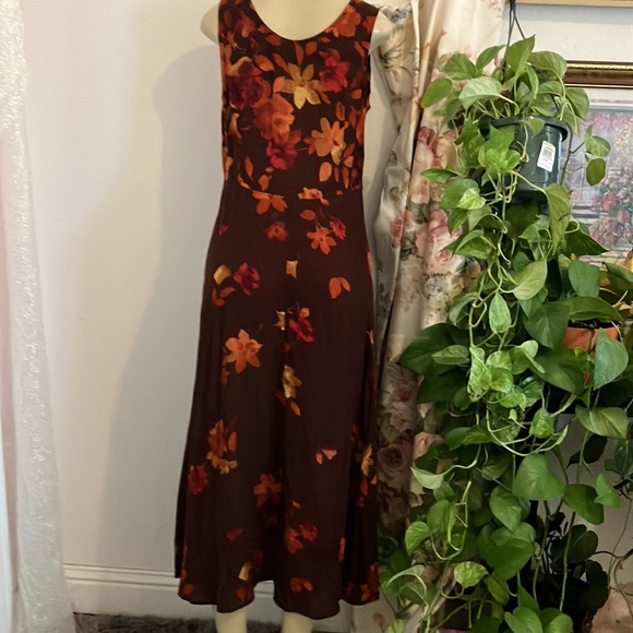 Vintage Dress Rabbit Design Brown Floral Design 2 Piece Orange Tan Red Maxi - Picture 4 of 16